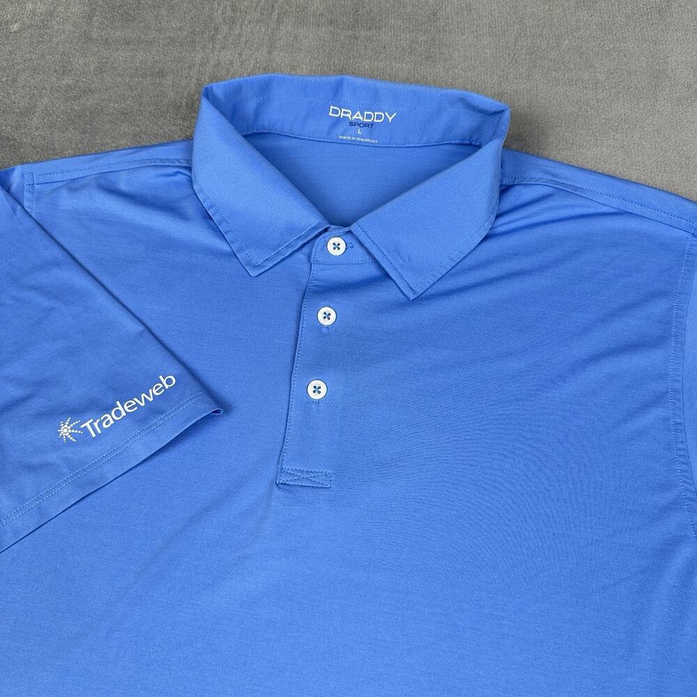 DRADDY Sport Polo Shirt Mens Large Blue Short Sleeve Stretch Logo Tradeweb